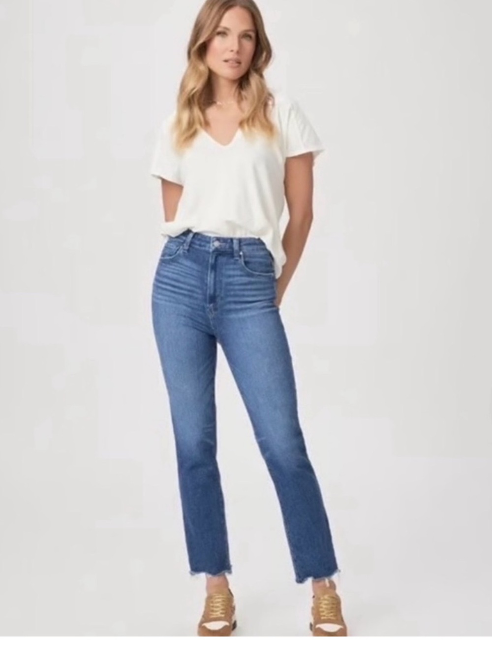 Paige Cindy - Raw Hem High-Rise Straight Leg Women’s Jeans in Medium Blue